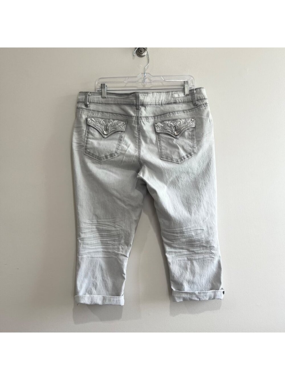 lei Y2K Capri Jeans Juniors 17 Gray Low Rise Embroidered Rhinestone Flap Pockets